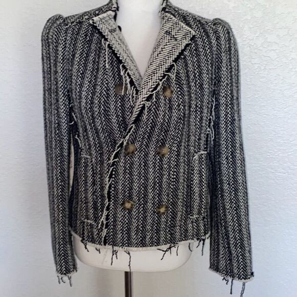 NWT Tory Burch Sammy Herringbone Tweed Raw Edge Double Breast Jacket Sz 8 - Picture 4 of 13